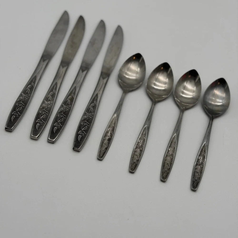 Customcraft Stainless Taiwan Rose Floral Flatware 8pc Set 4 Knives 4 Spoons MCM
